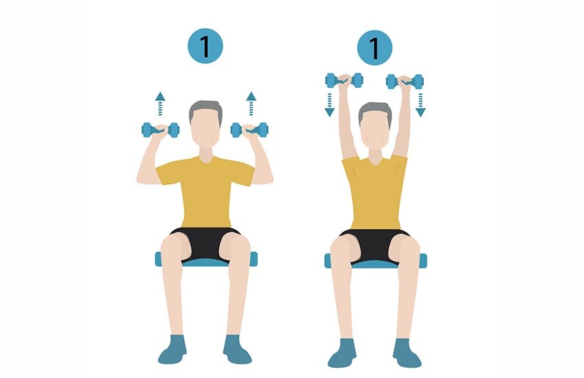 A man is doing shoulder press exercise with dumbbells.